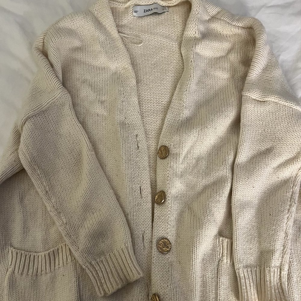 Zara Beige Knit Long Cardigan with gold buttons Size Small